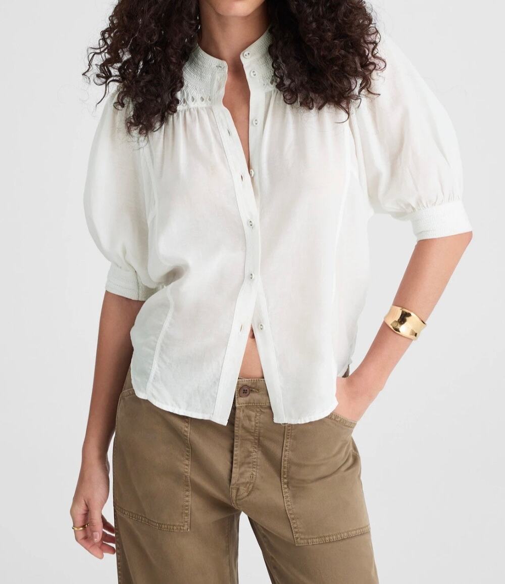 New Madewell Puff-Sleeve Band-Collar Shirt White Blouse Size 12